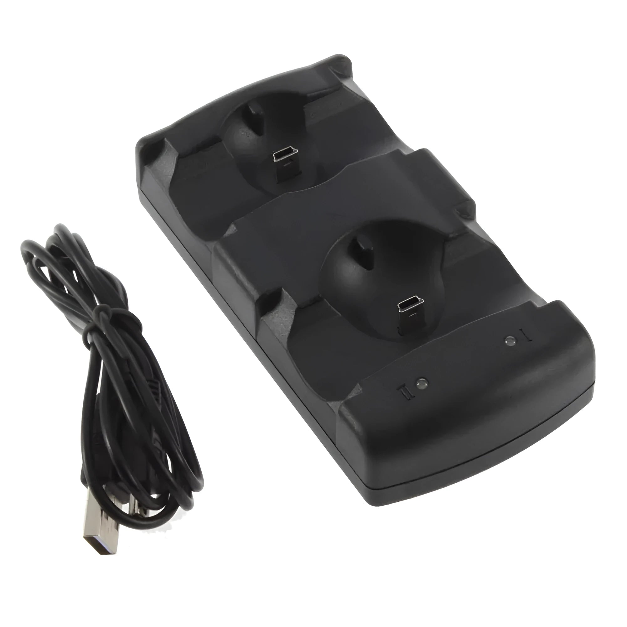 Black PS3 dual controller charging dock with two wireless controllers placed on it.