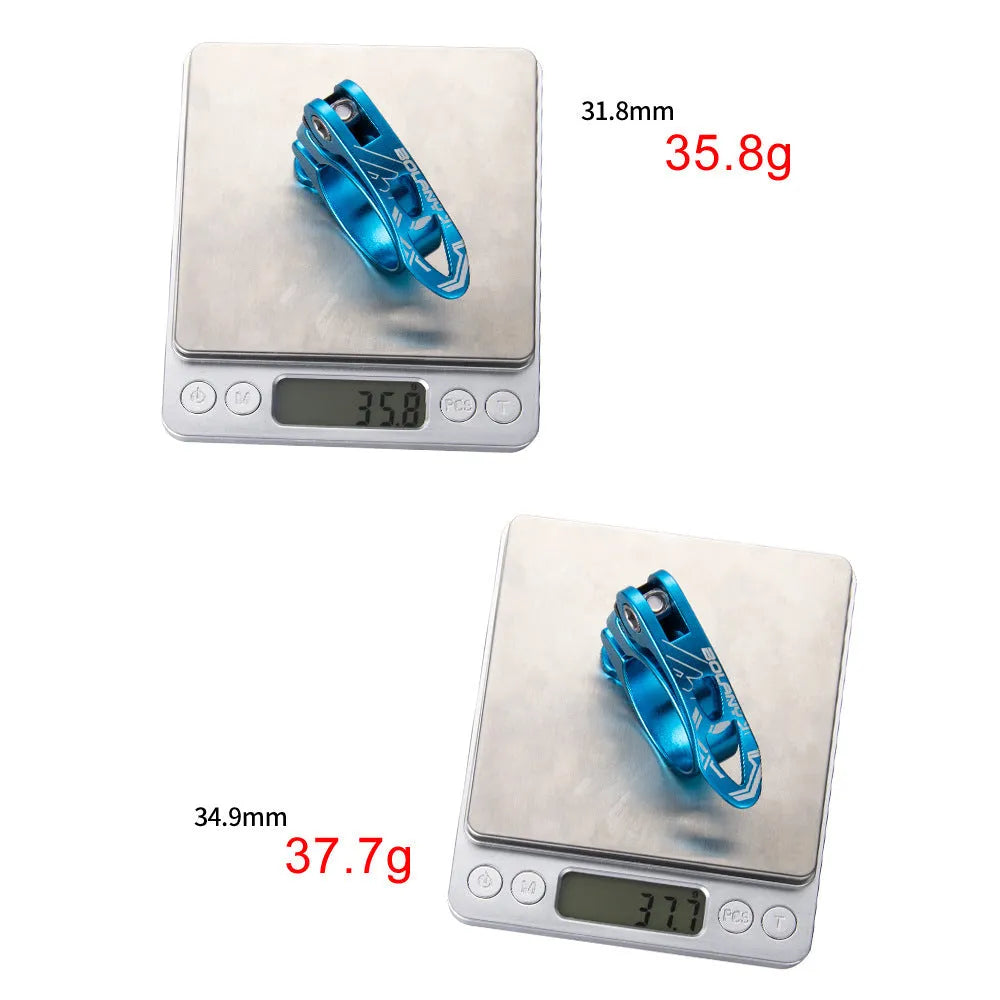 Aluminium alloy bicycle seat post clamp in black, blue, gold, or red, showing 31.8mm and 34.9mm size options.