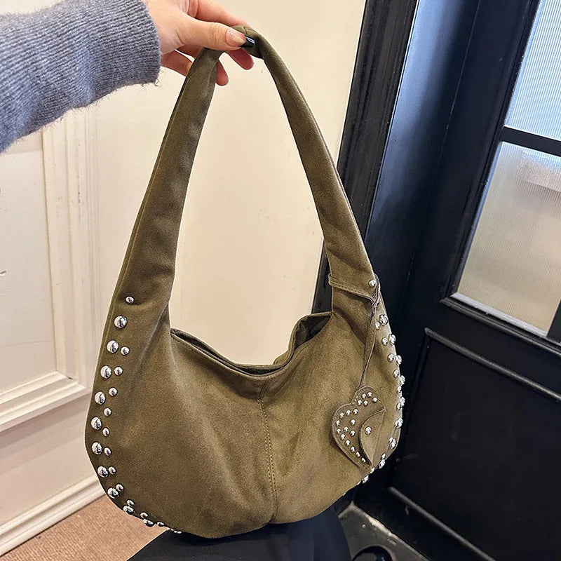 Soft plush tote handbag with adjustable strap in retro style showing black, brown, green, red, and coffee colour options