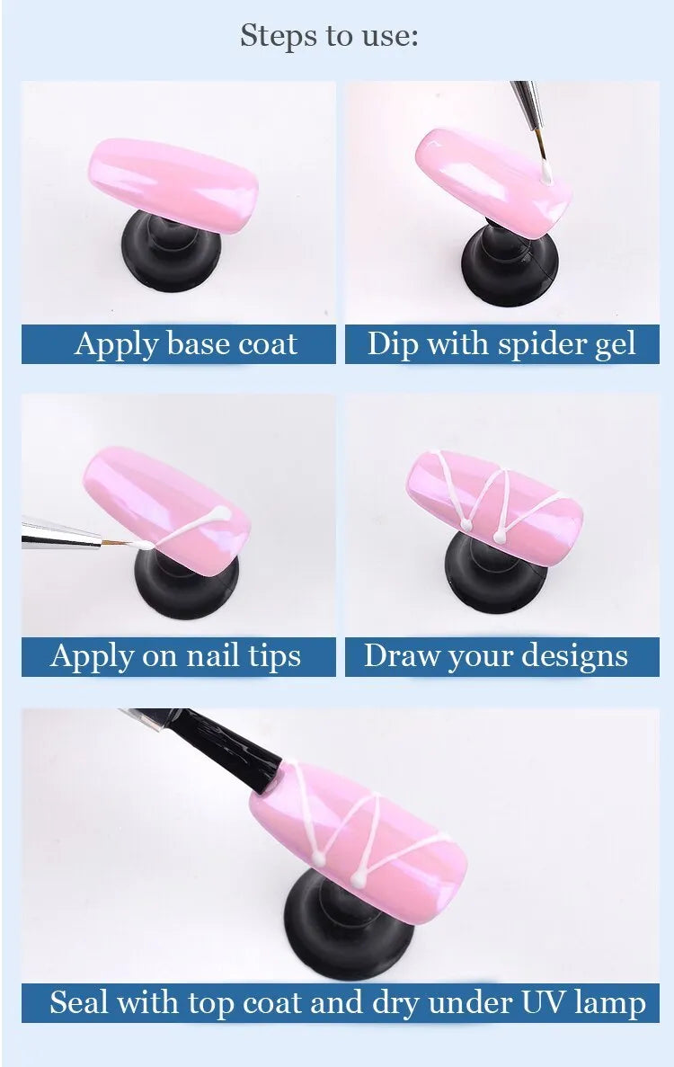 Set of six 5ml nail art elastic drawing gum bottles in black, white, blue, red, glitter gold, glitter silver