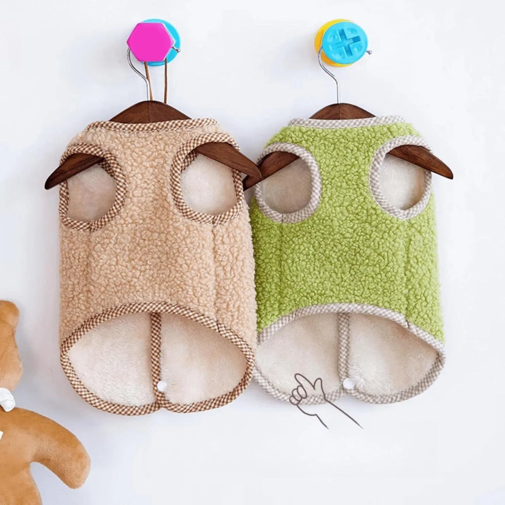 Green coral fleece dog vest with a metal leash ring on the back for a small dog