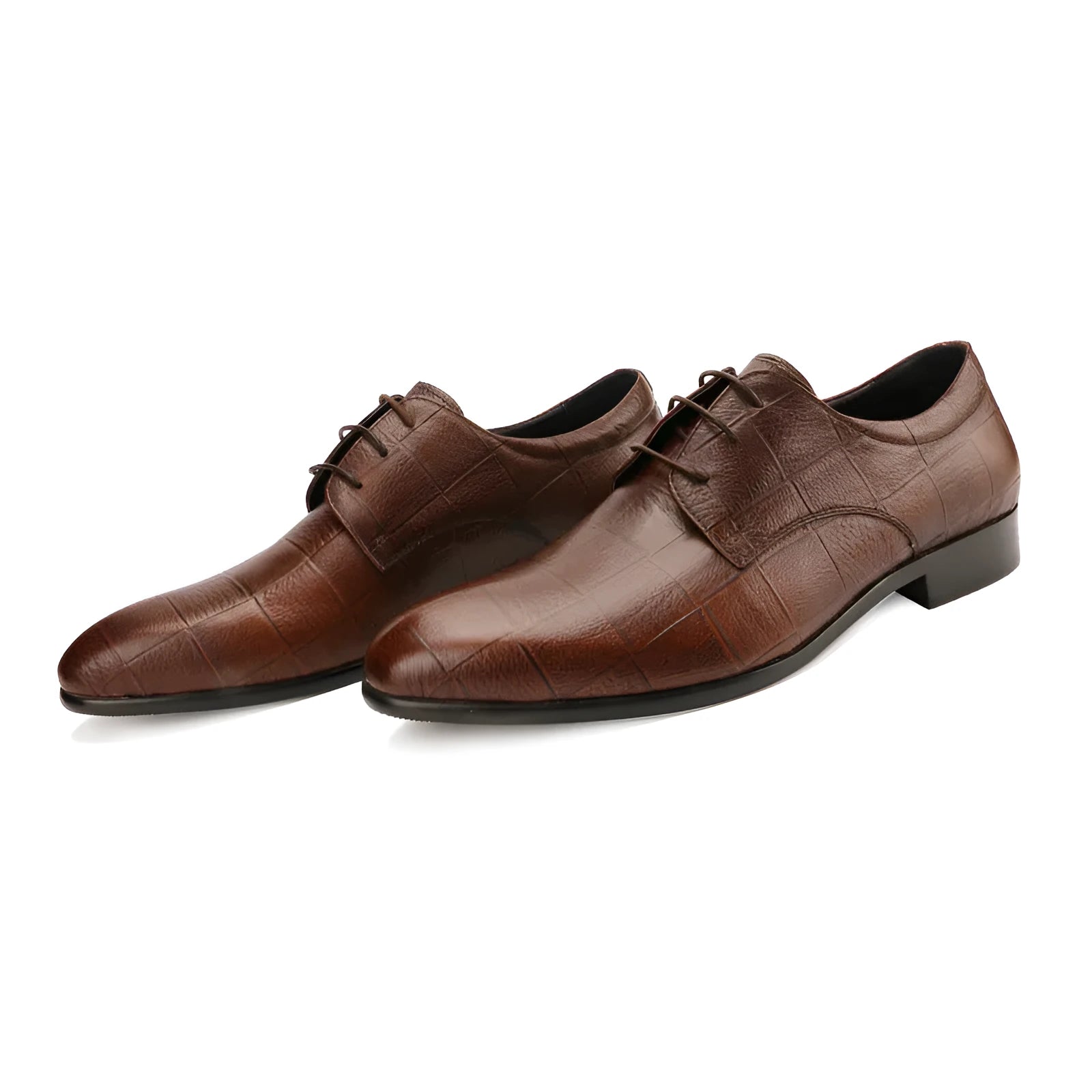 Men's black checkered leather derby shoes with a pointed toe on a rubber sole