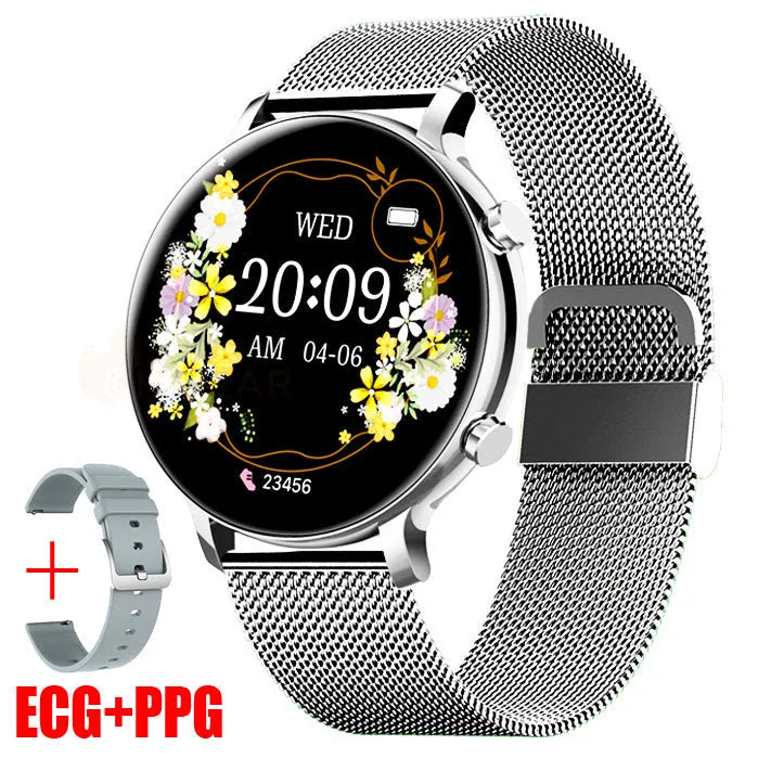 Bluetooth smartwatch with stainless steel strap showing call and heart rate monitoring functions