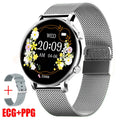 Bluetooth smartwatch with stainless steel strap showing call and heart rate monitoring functions