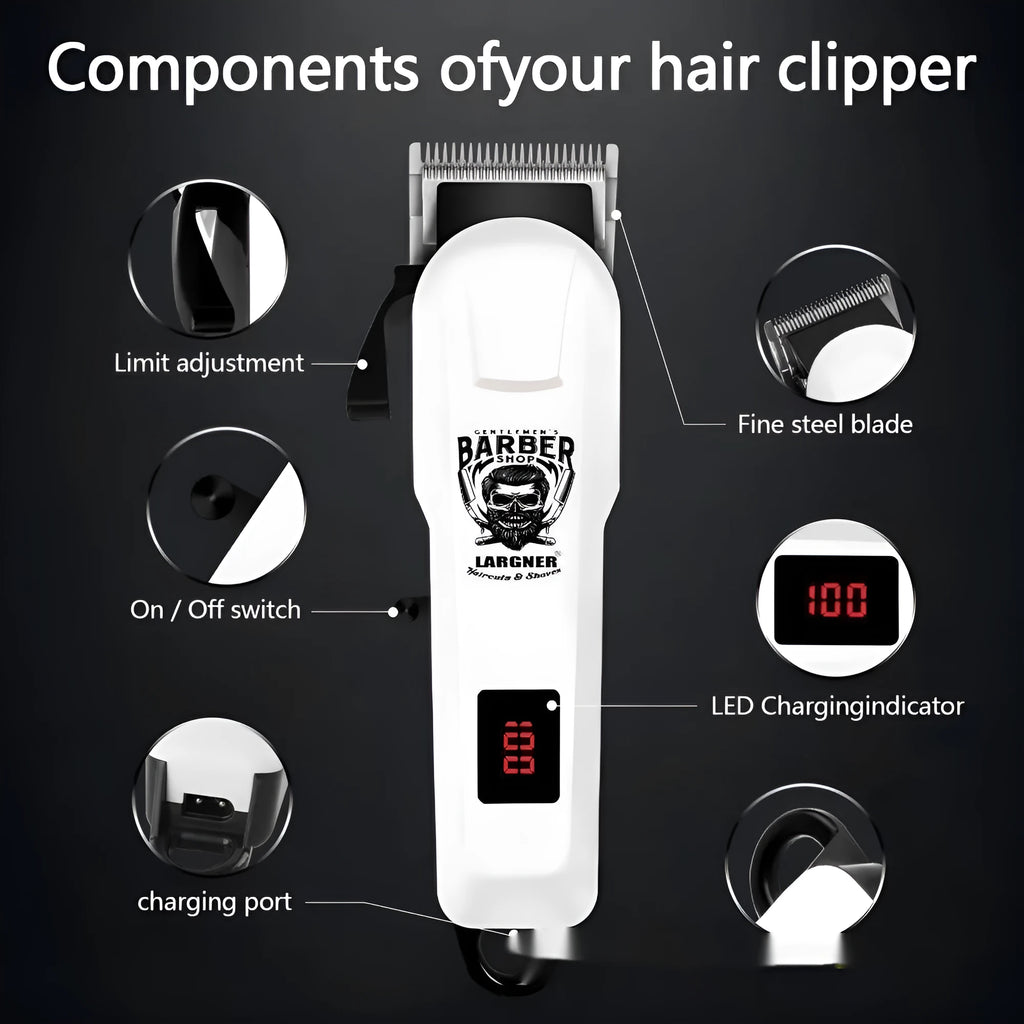 Rechargeable hair clipper with stainless steel cutter head and 4-in-1 attachment kit on a white background.