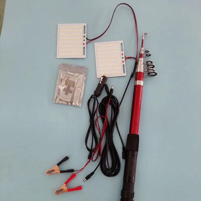 White LED fishing rod light unit mounted on a tall telescopic pole for outdoor portable lighting.