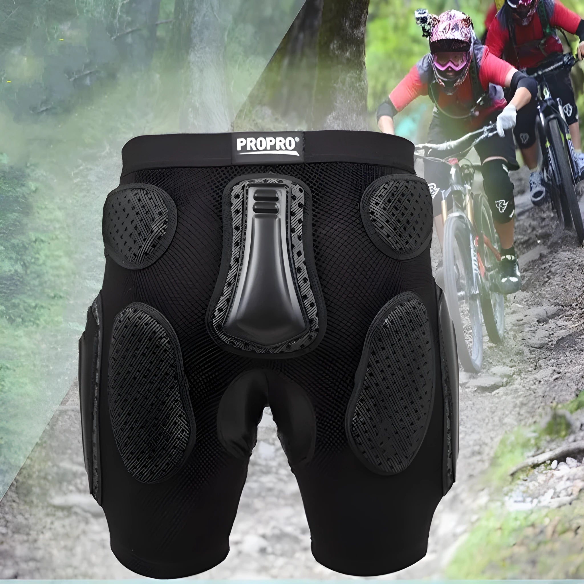 Black cycling hip protection pants showing hip padding areas and four size options