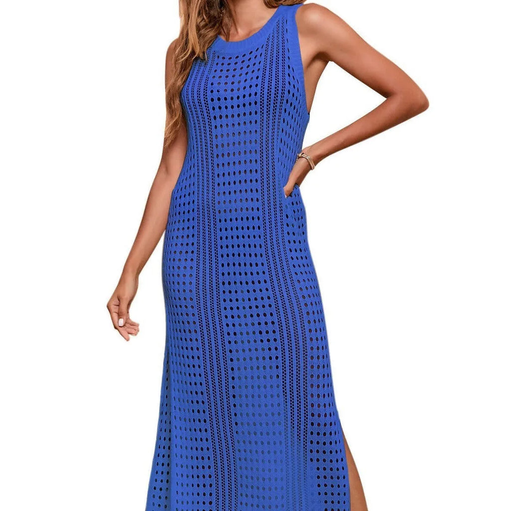 Women's long loose beach blouse with hollow-out knitted design in solid colour