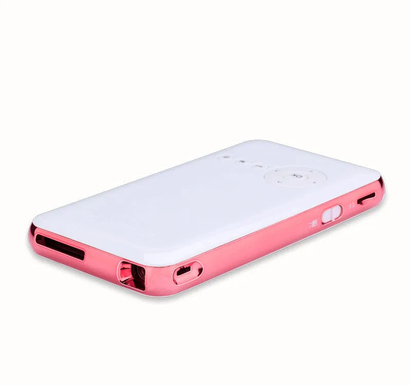 M6S miniature portable Android DLP projector in white rose gold finish showing compact dimensions