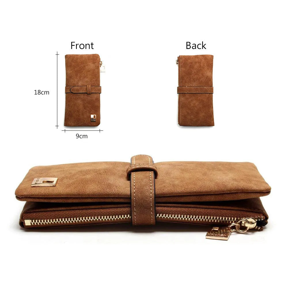 Vertical long wallet with retro matte leather finish showing zip closure and internal card organisation