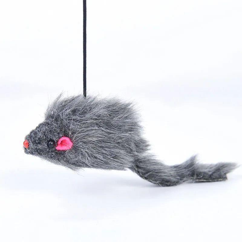 Pet telescopic hanging door cat toy with grey mouse shape on elastic rope approximately 1.8 metres long, with triangle hook and adjustable buckle