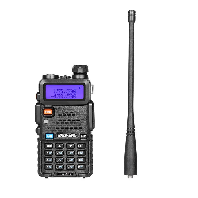 Professional handheld VHF UHF two-way radio walkie talkie with extended antenna.