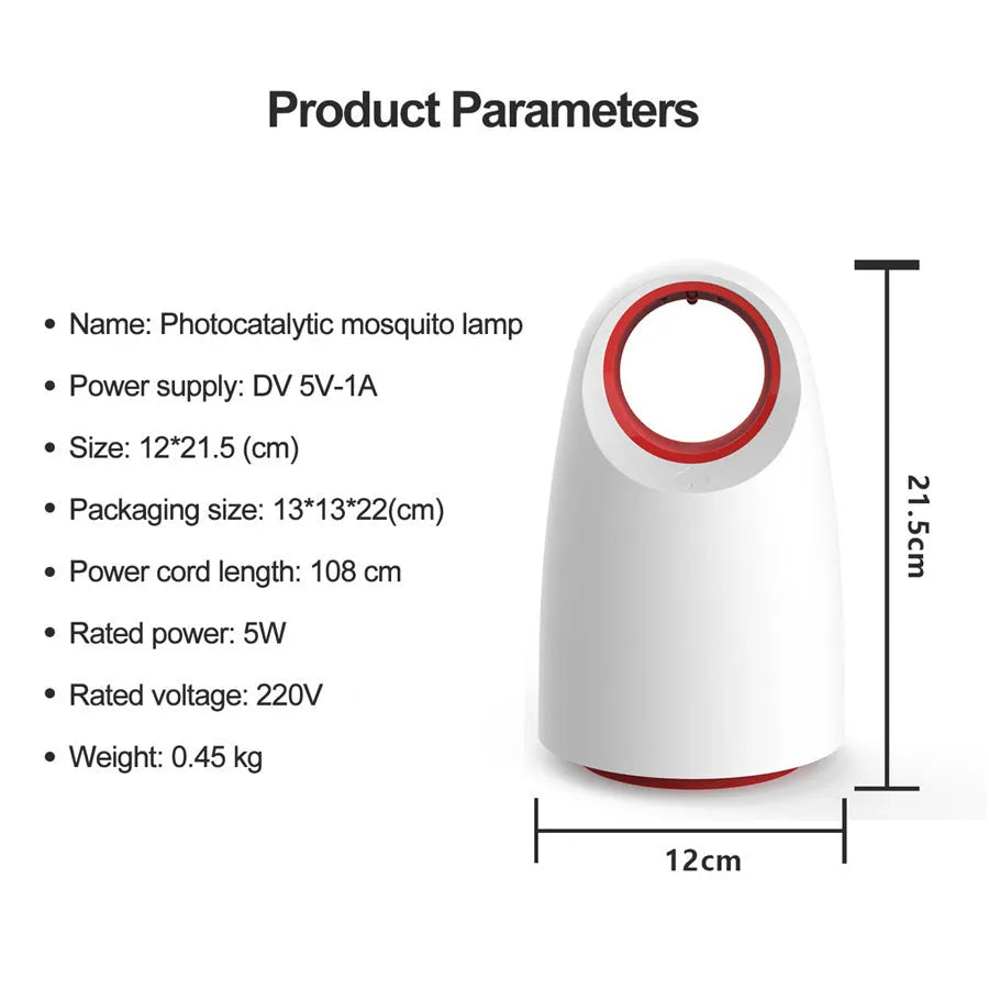 A black or white silent USB mosquito killer measuring 12x12x21.5 cm with a UV light and insect grid.