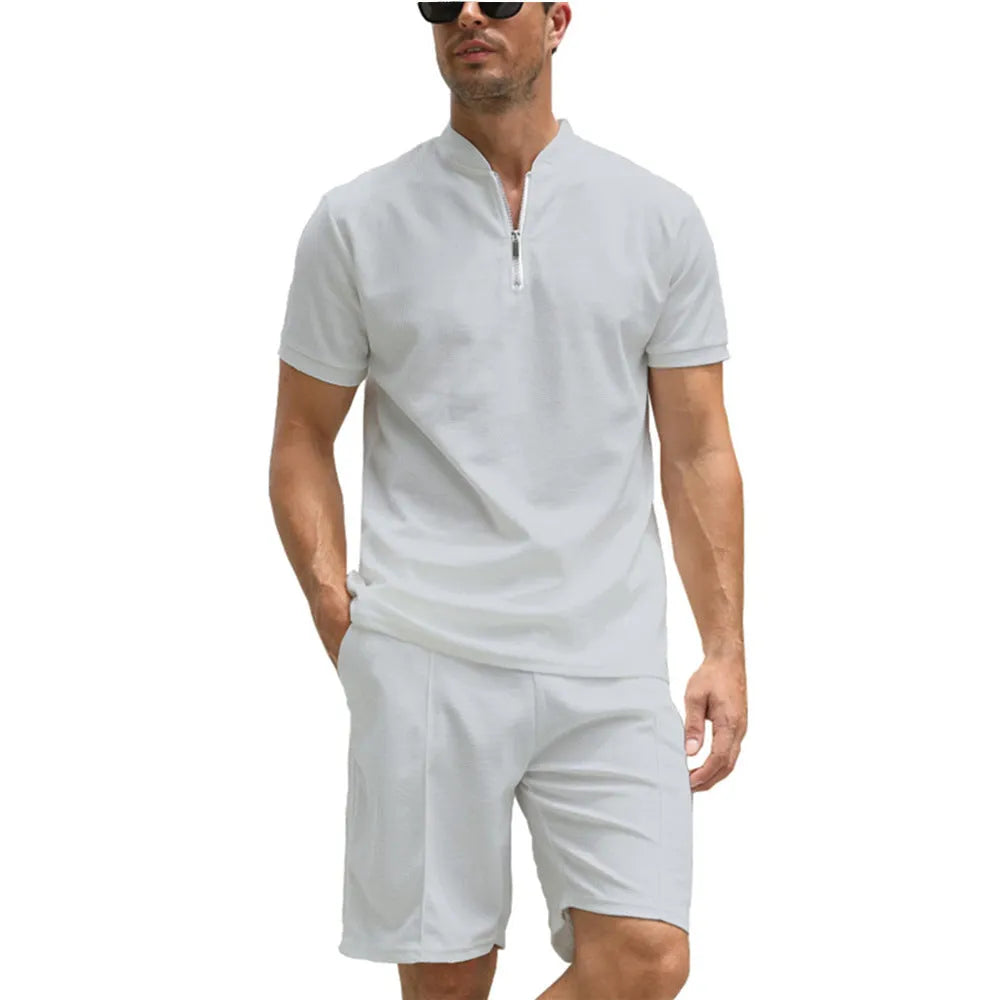 Men's solid colour polo shirt and matching shorts two-piece casual set