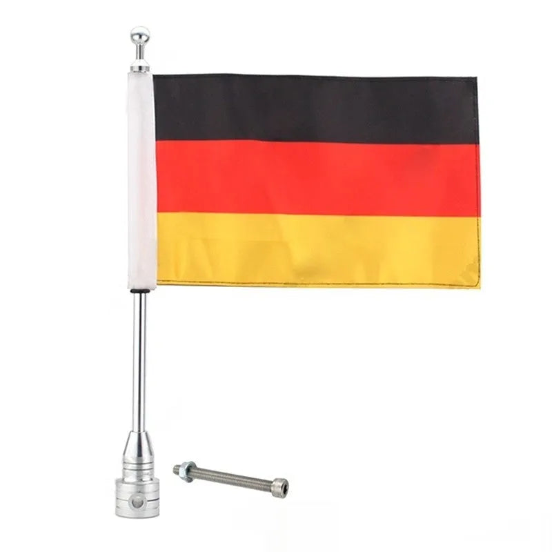 Motorcycle luggage rack flagpole in black and silver options for side box mounting