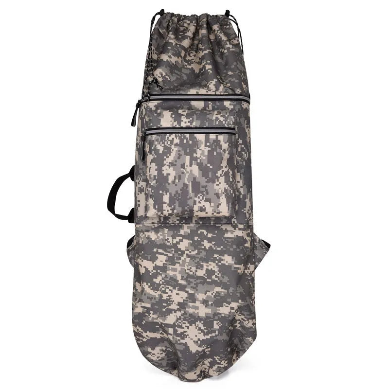 Waterproof nylon skateboard backpack in camouflage colour with 20-35 litre capacity for outdoor sports.