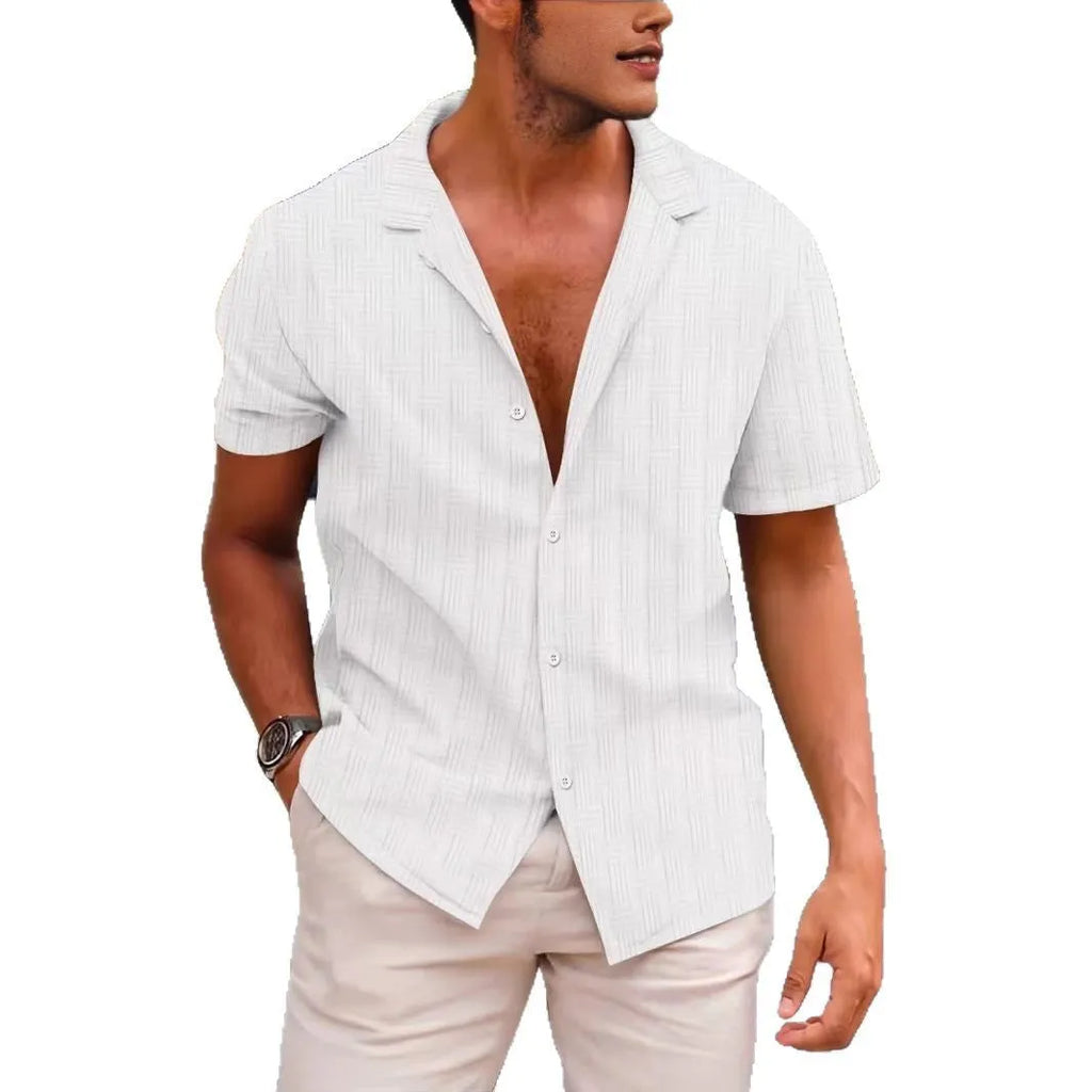 Men's short sleeve cardigan shirt in polyester corduroy, shown in apricot colour with button front.