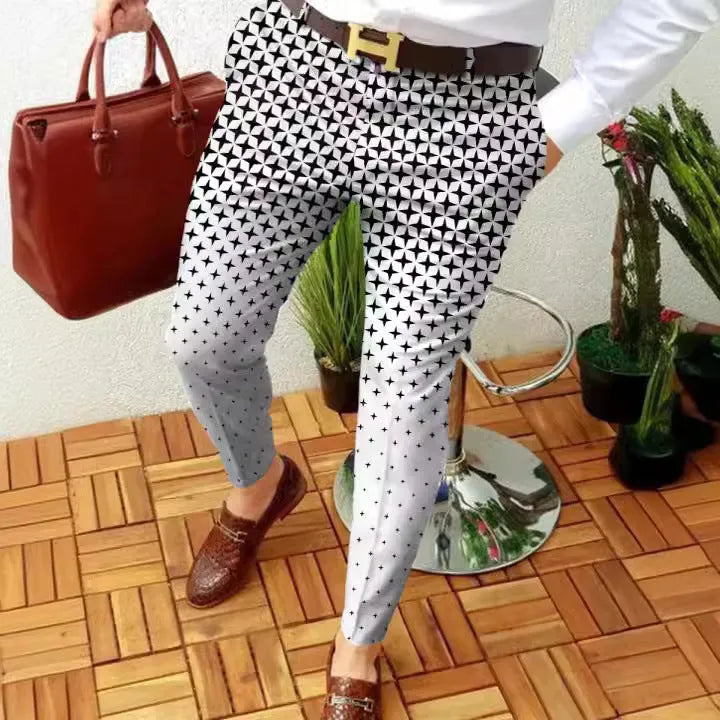 Man wearing slim-fit straight-leg plaid casual trousers in a striped pattern.