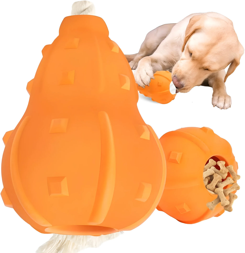 Natural rubber stuffable dog chew toy with a long strap for small to medium dogs.