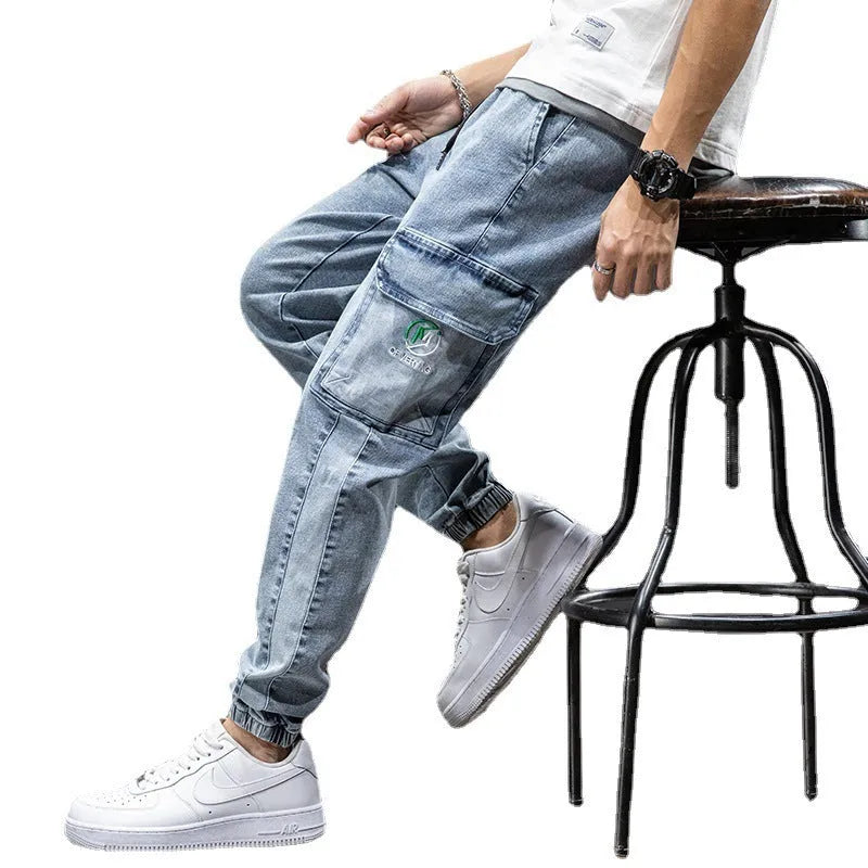 Men's thin cotton cargo jeans with straight leg and micro elasticity in black colour