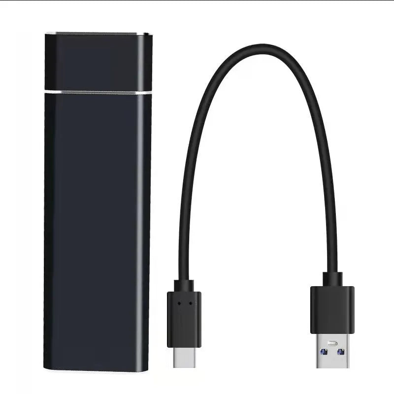 Silver ultra-thin metal SSD mobile hard disk with data cable on a desk