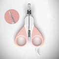 Grey and pink cat nail clippers with curved blade and rubber-coated handle