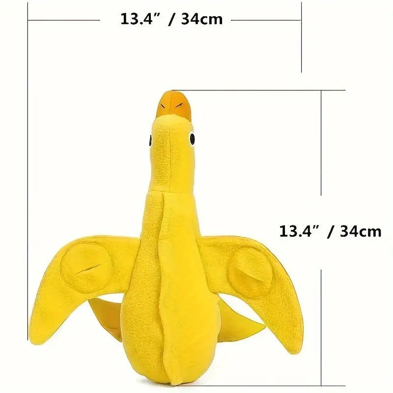 Yellow teddy fabric duck-shaped dog toy with squeaker and hidden food compartment