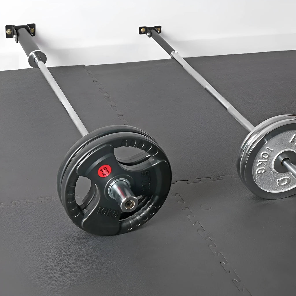 Steel wall-mounted barbell rack with 25 tubes for weapon storage showing two inner diameter options