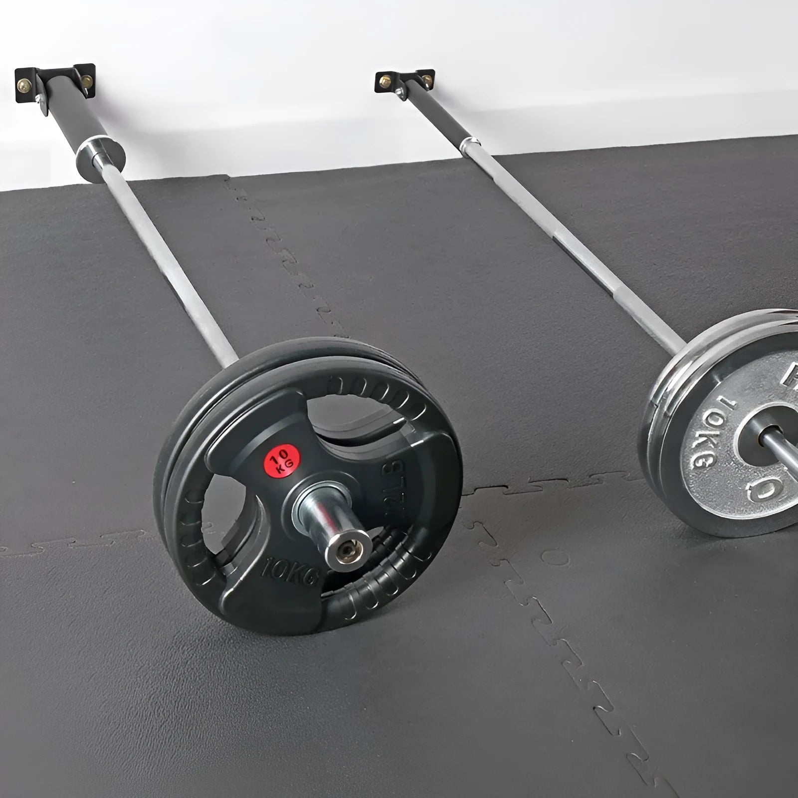 Steel wall-mounted barbell rack with 25 tubes for weapon storage showing two inner diameter options