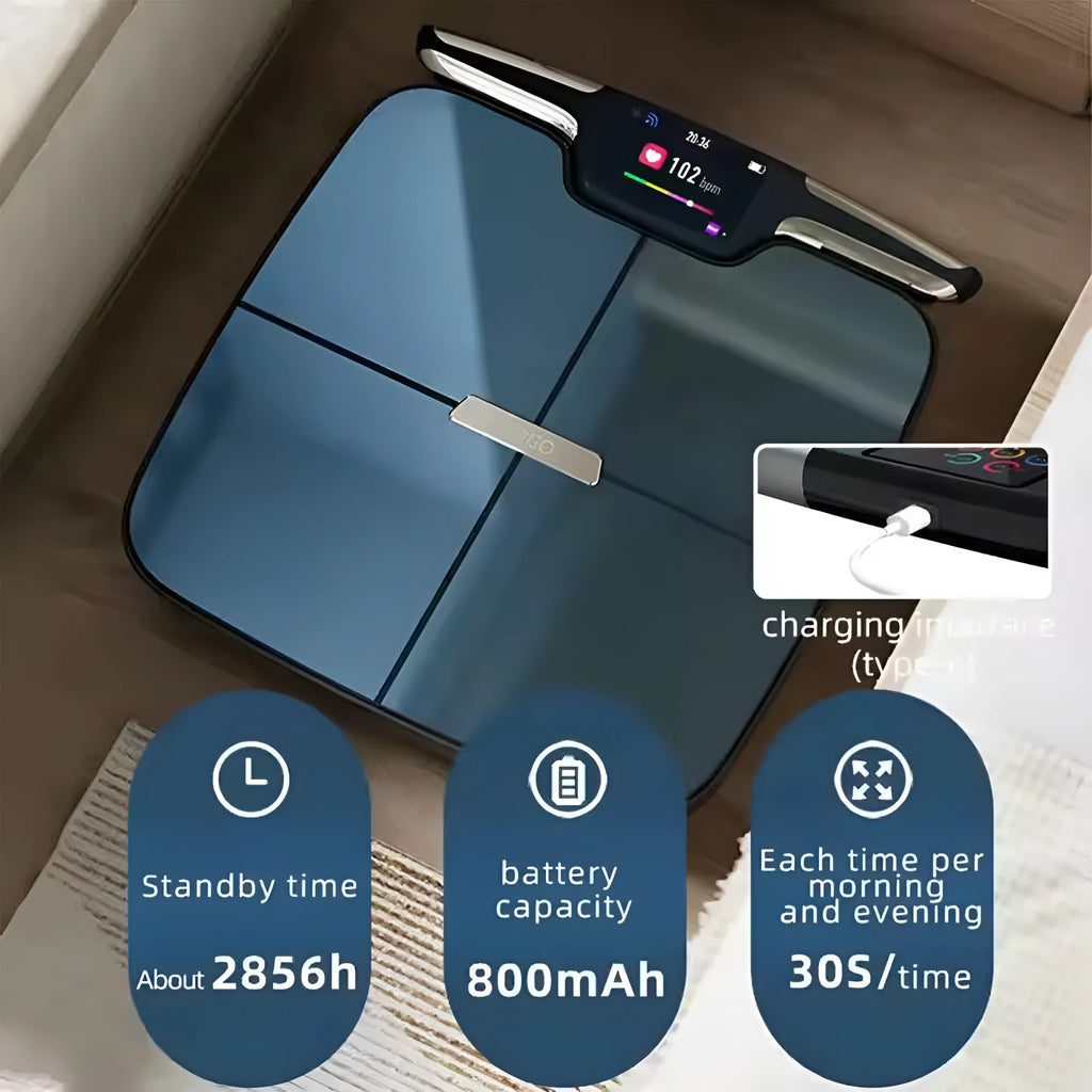 Black eight-electrode intelligent body fat and weight scale for home use.