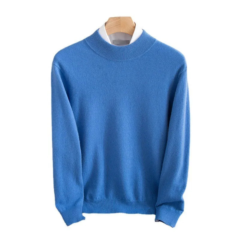 Men's loose fit half collar wool sweater in a light business style, shown in a choice of colours.