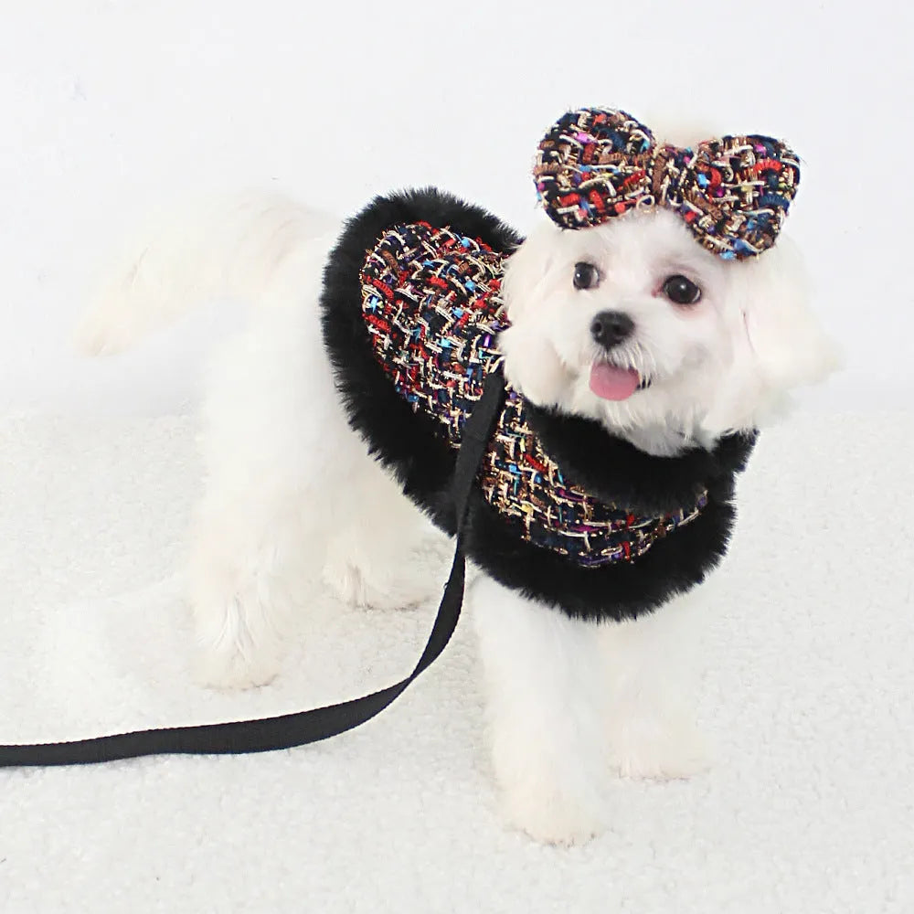 Dog wearing cotton cloth cloak chest strap with integrated hand holding rope pet lead attachment