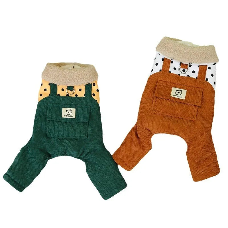 Four-legged cotton-padded dog coat in brown, with polyester outer fabric, laid flat on surface