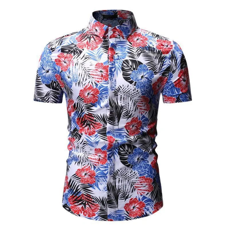 Men's summer floral shirt with square collar short sleeves in blue polyester on white background