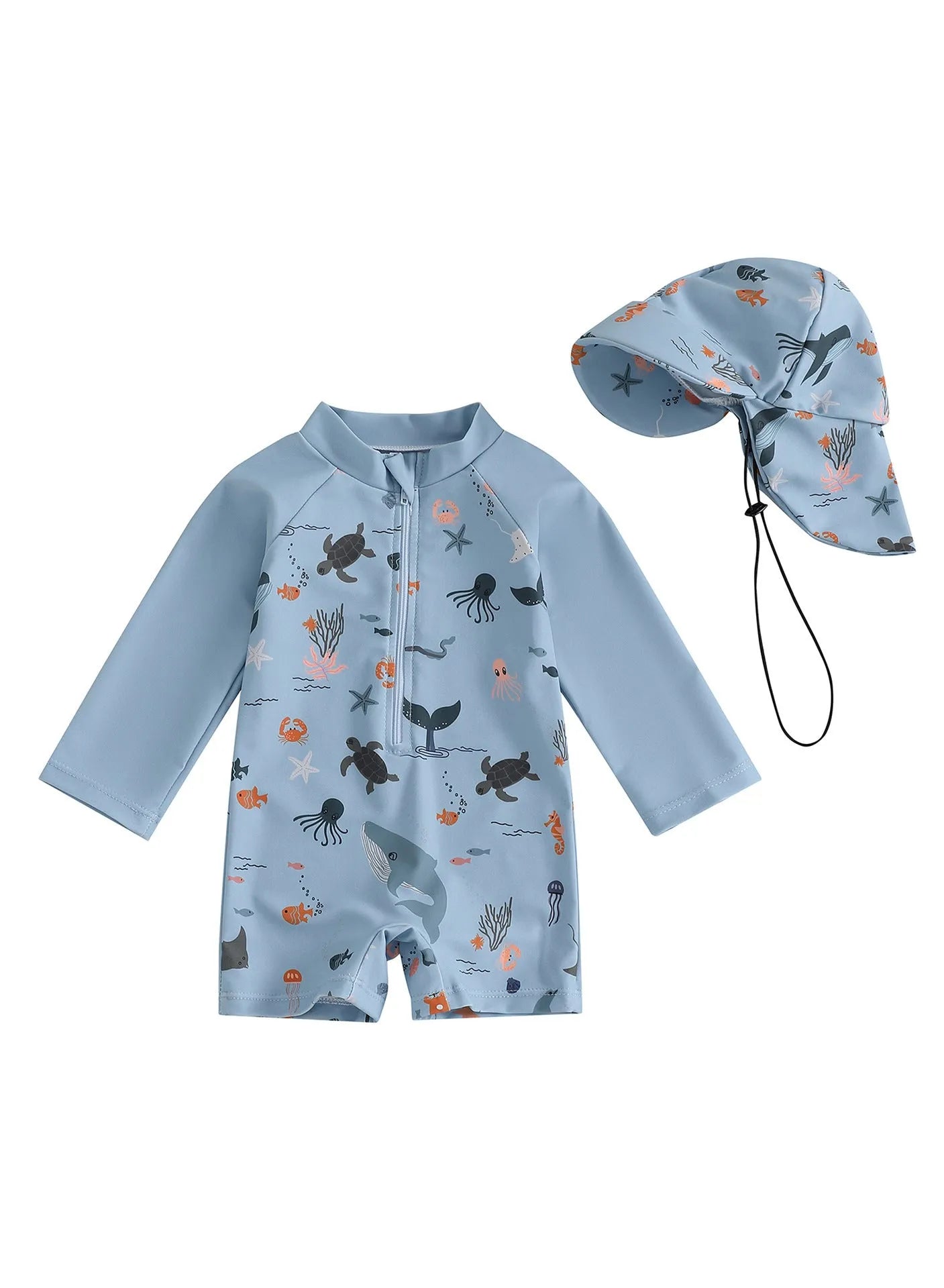 Boys one-piece long sleeve polyester swimsuit with hat in light blue cartoon pattern
