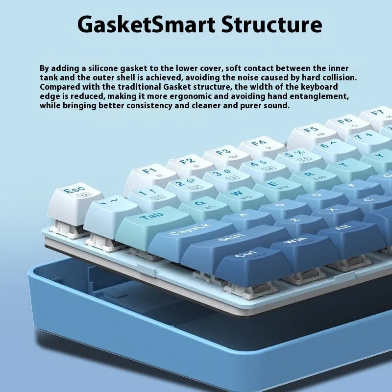 Three-mode mechanical keyboard with 104 keys in various colour options on a desk