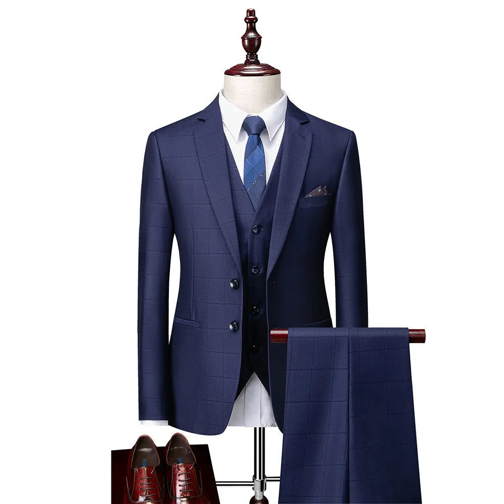 Men's navy blue three-piece slim fit plaid business casual suit with vest, jacket and trousers