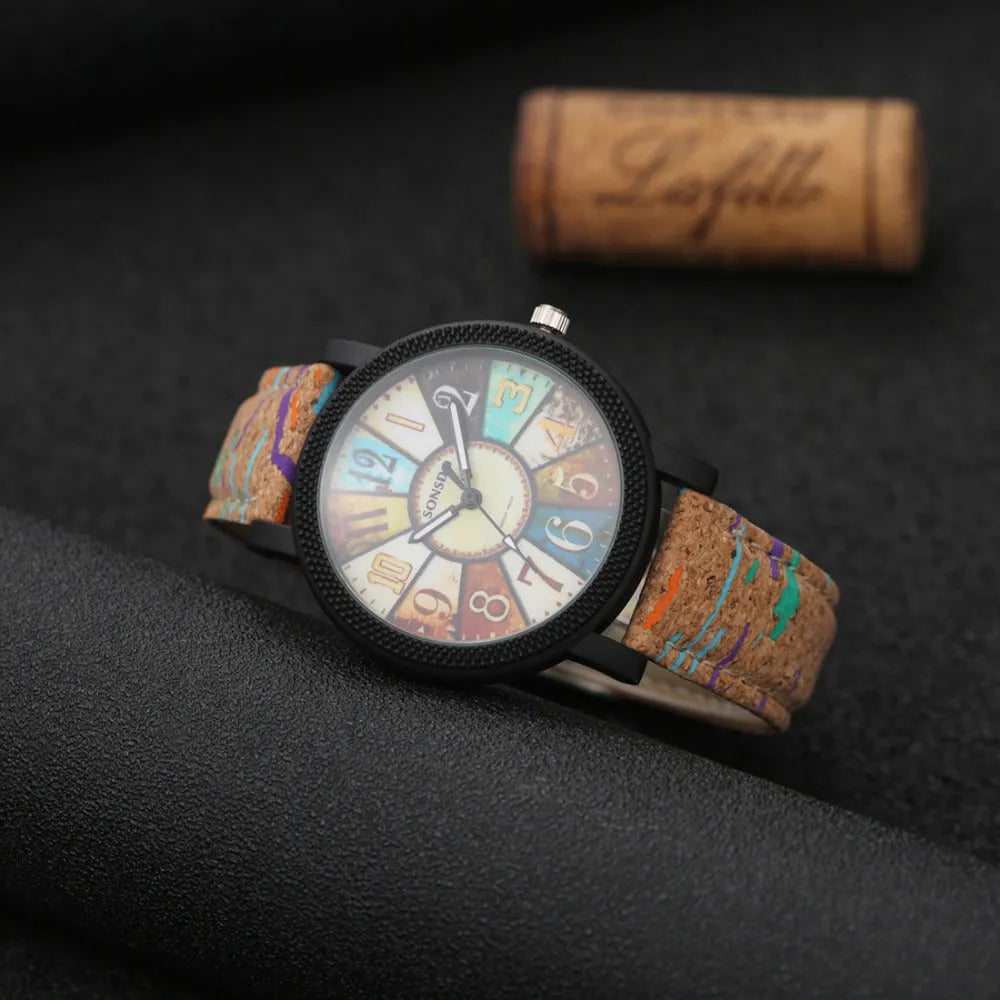 Vintage leather women's quartz watch with 37mm round dial and stainless steel buckle