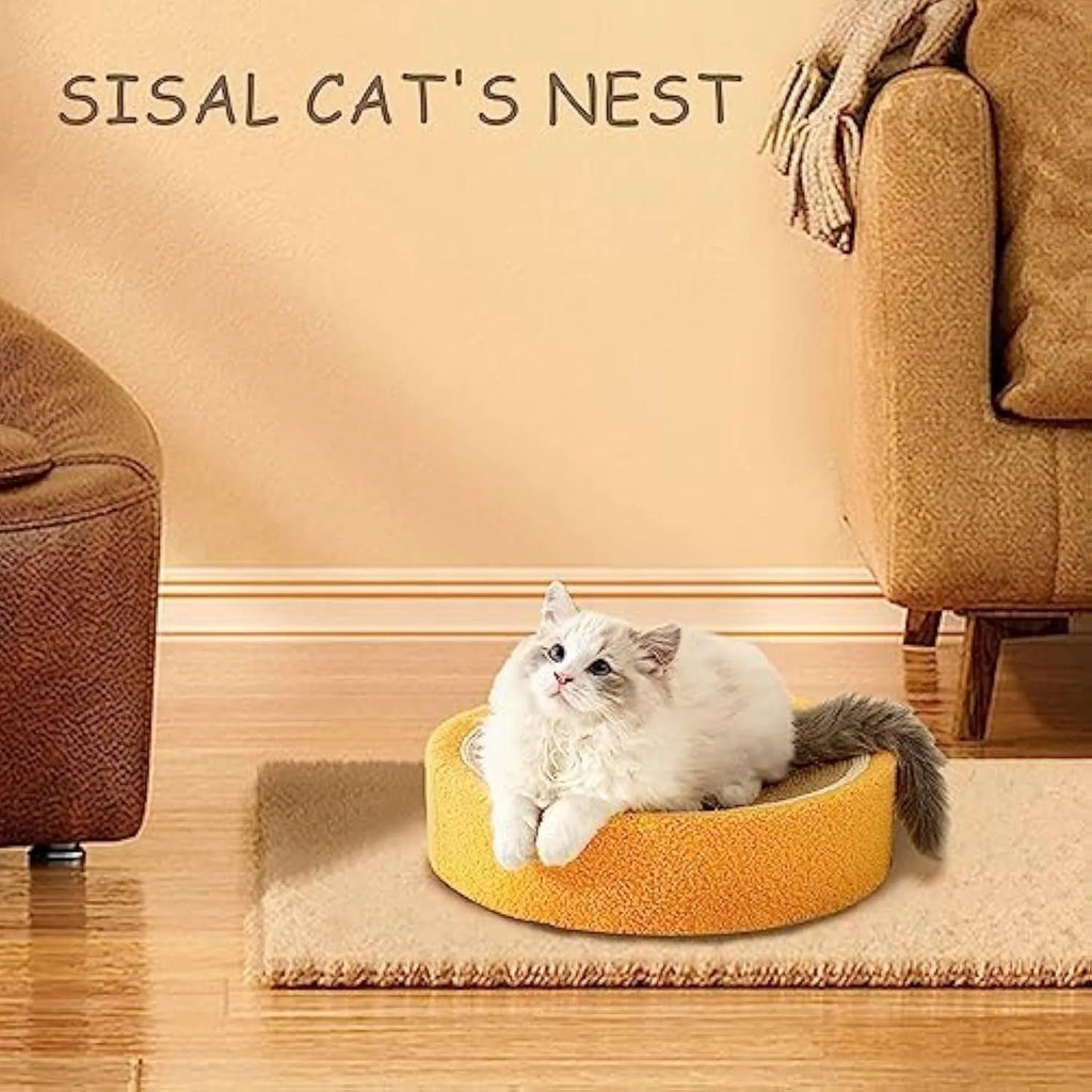 Yellow round sisal cat scratching board with concave centre forming a bed