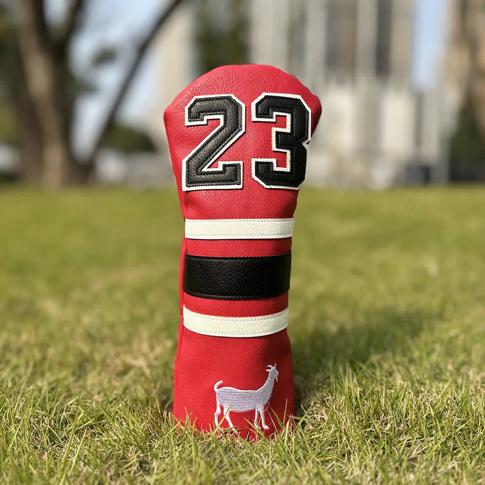 Ram golf club sleeve set showing four PU protectors for wooden pole clubs including chicken drumstick fairway design and square putter cover
