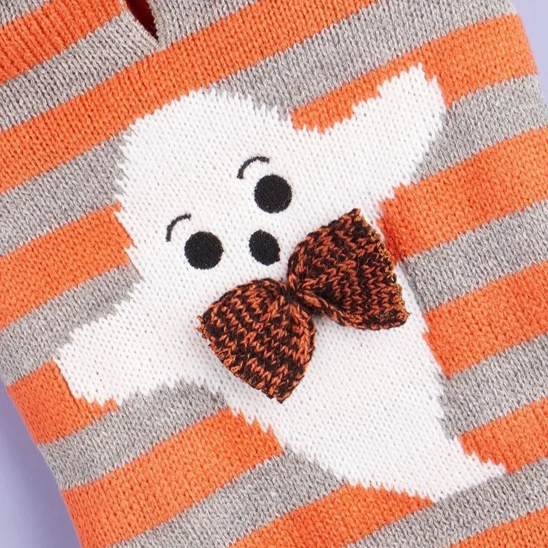 Orange striped hooded pet sweater with fur ball decoration for Halloween costumes