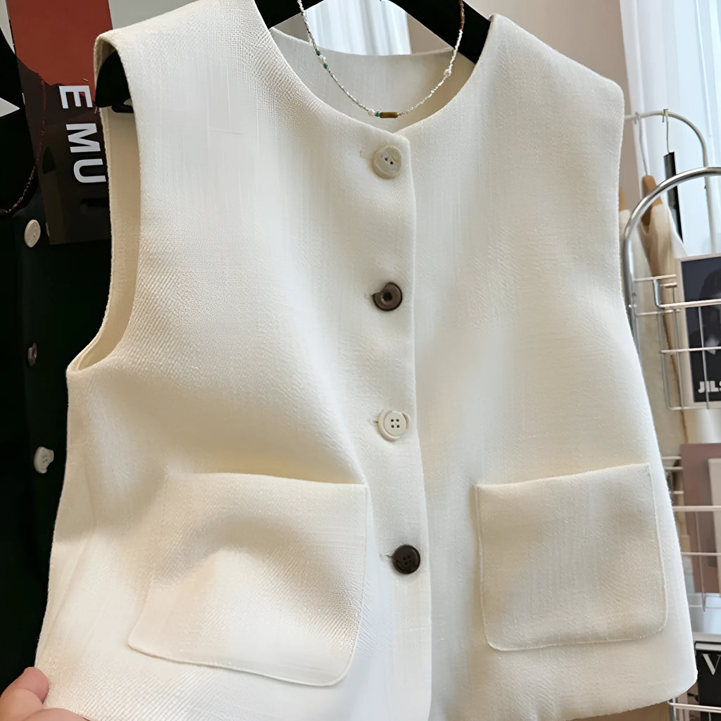 Women's milky white round neck bandage vest made from polyester, laid flat.