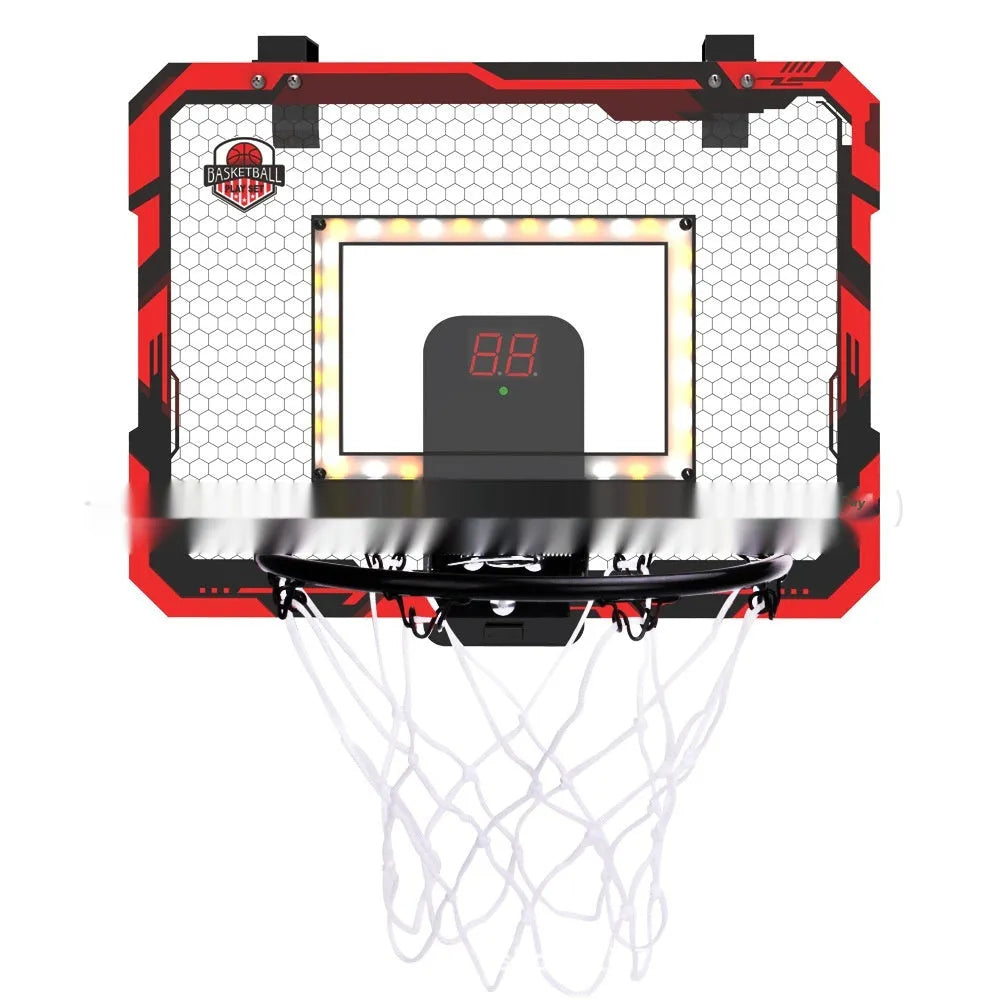 Red and blue folding indoor basketball frame with suction cups mounted on a door, showing dunking action.