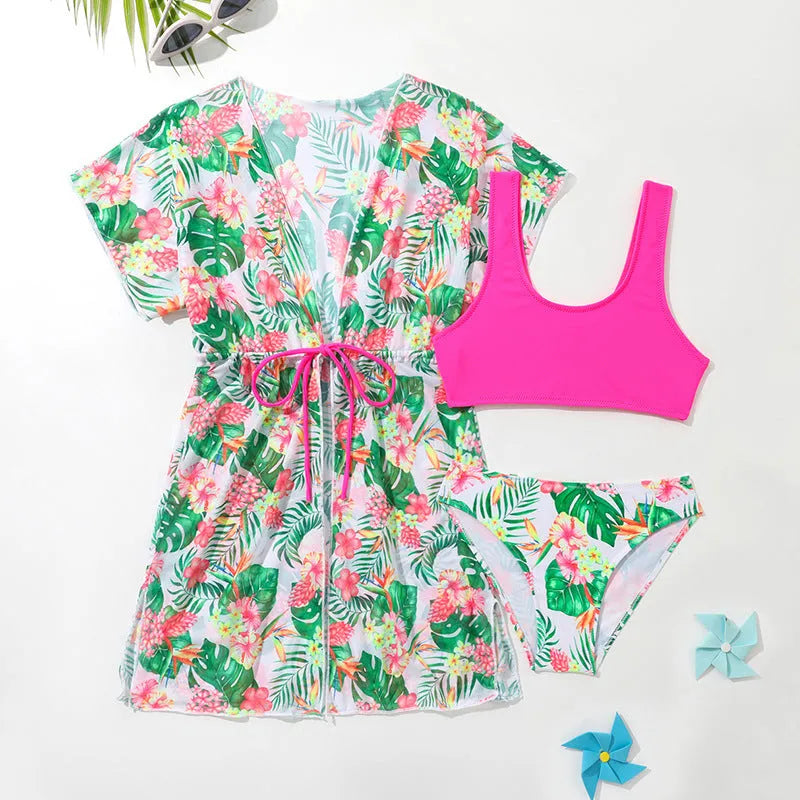 Girls floral two-piece swim briefs in a Korean style, high elasticity polyester fabric.