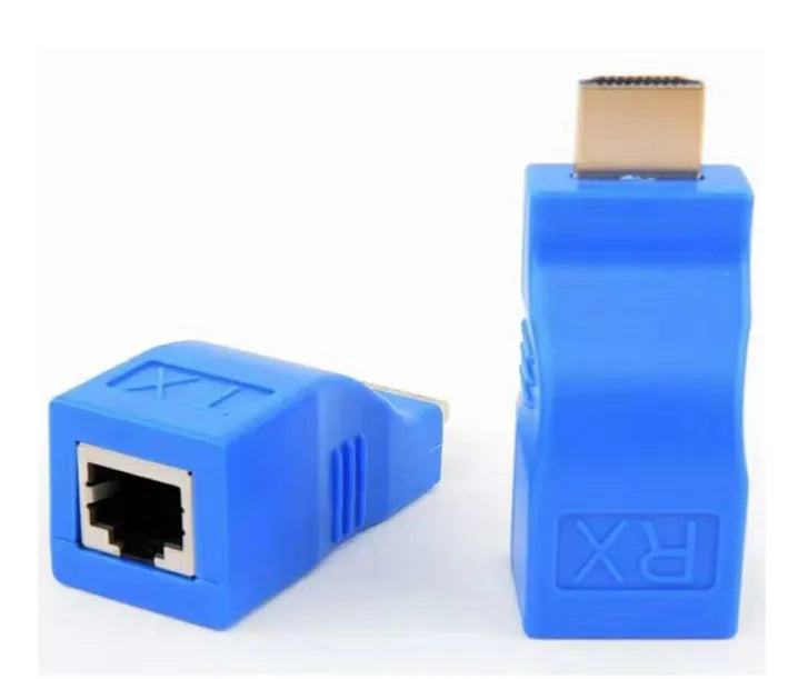 HDMI extender transmitter and receiver pair for signal transmission over Cat-5e/6 network cable.