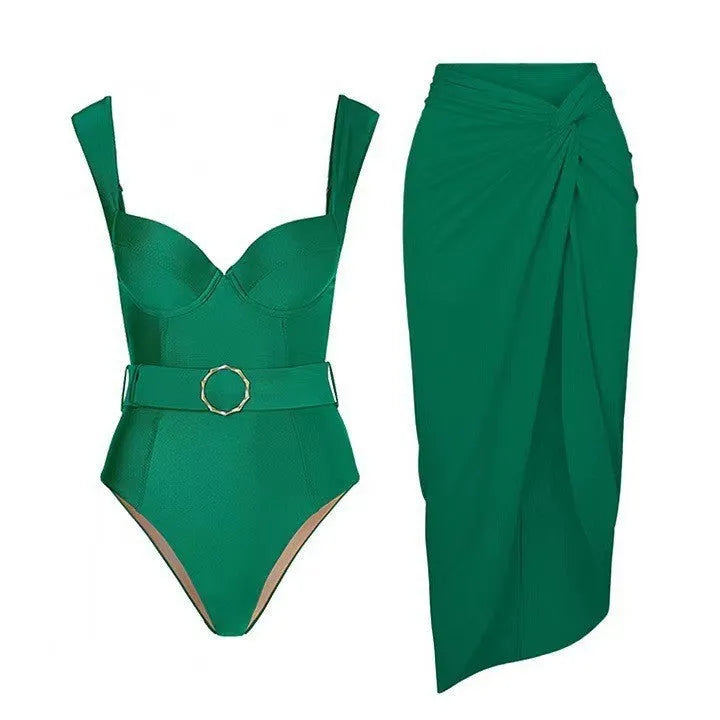 Women's one-piece swimsuit with a gauze skirt in either double shoulder or oblique shoulder style.