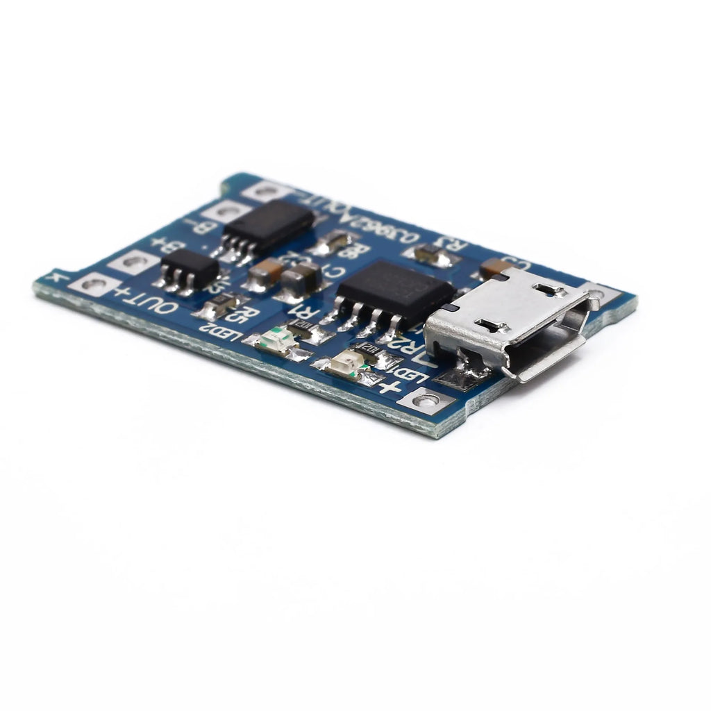Blue lithium battery charging and protection circuit board measuring 2.6 by 1.7 centimetres