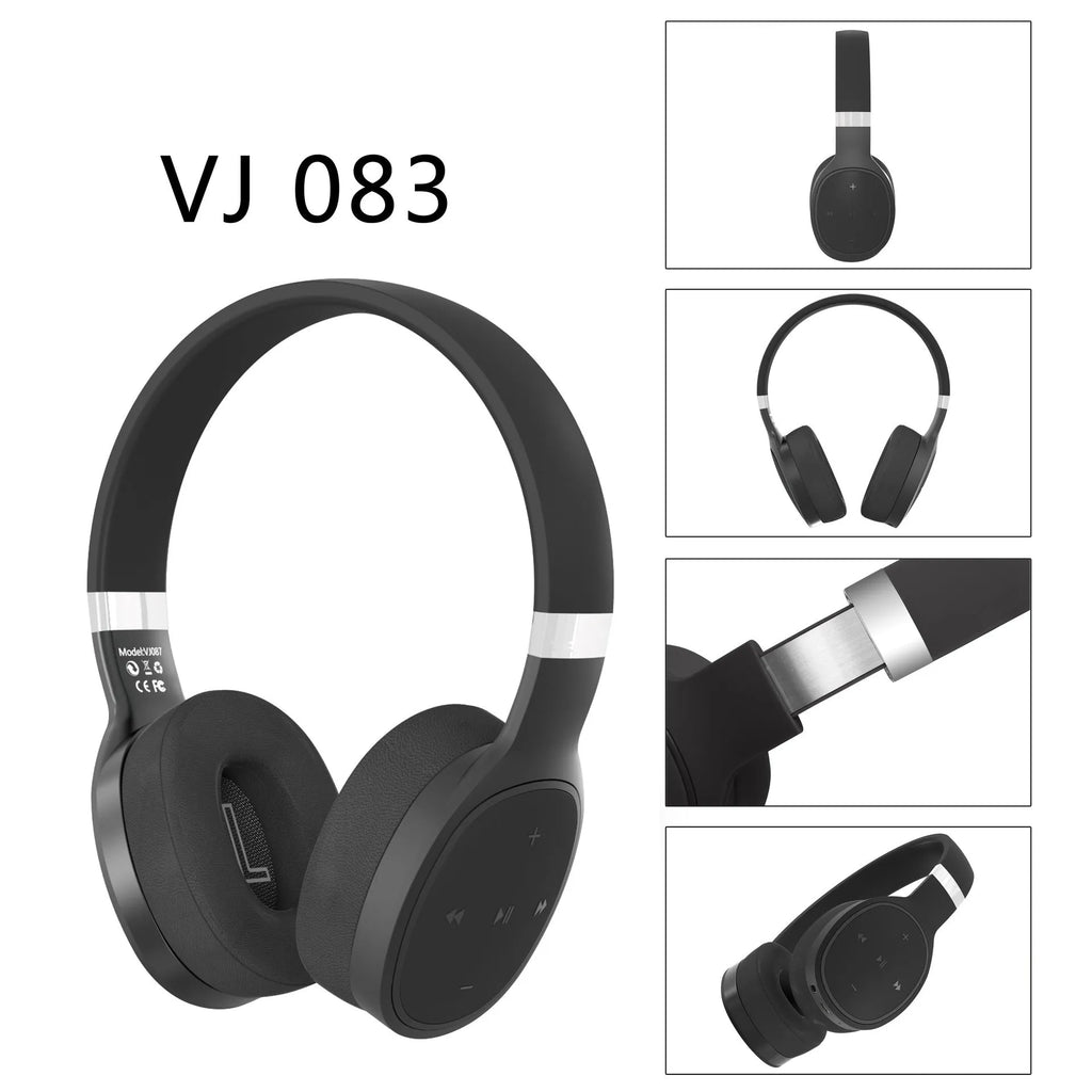 Wireless Bluetooth headset in black, blue, grey, or white with over-ear 40mm speakers.