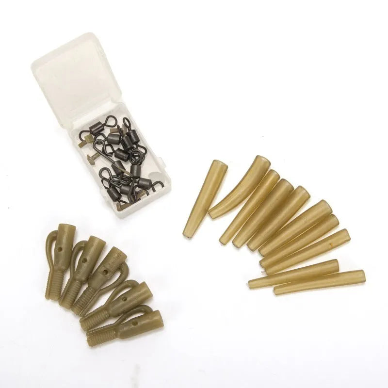 Thirty loose carp fishing accessory parts including anti-winding pipes, threaded hoses, rotation parts, and screws.