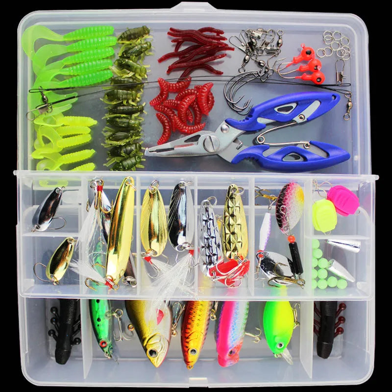 Multifunctional swimming fishing lure set in box with plastic bodies and high carbon steel hooks, 370g net weight